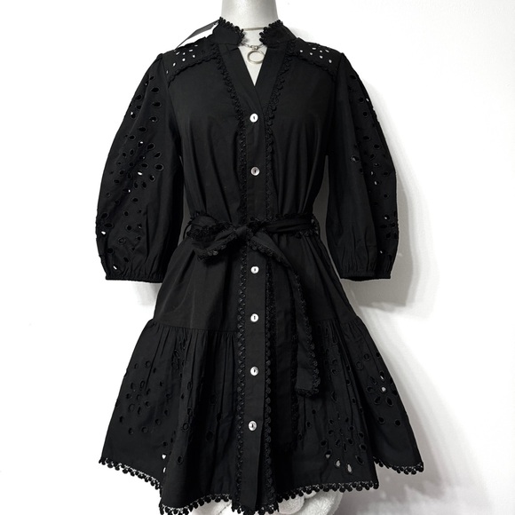 Christian Lacroix Dresses & Skirts - Christian Lacroix S Black Cotton Dress Eyelet Belted Button Down Lace Crochet